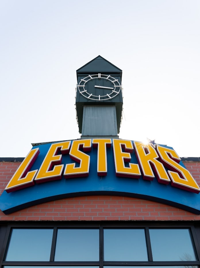 The Lester's sign and clock tower at the Clayton Road restaurant